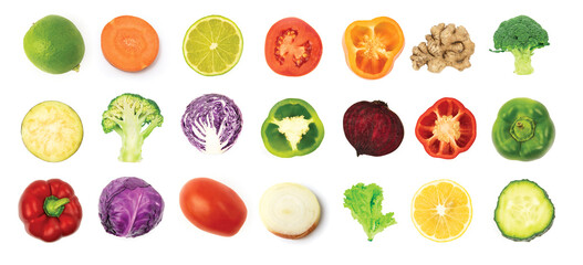 
set of slices of fruits and vegetables on white background