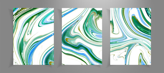 Flyer cards template with fluid abstract background. Fluid marble texture set. Set of cards for print and web design. Purple waves
