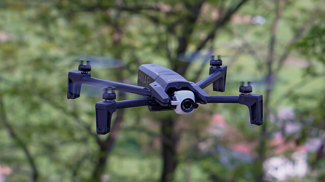 Bologa, Cluj/Romania-05.20.2019: Powerful and playful quadcopter drone Parrot Anafi Extended in action.Detailed photo with bokeh illustrating the competitor of DJI Mavic. Beautiful drone, sunny day