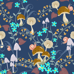 Vector floral seamless pattern with hand drawn mushrooms, flowers, leaves, snails. Cute doodle style texture. Vintage background. Funny repeat design for kids, boys and girls, for decor, print, fabric