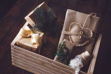 Sustainable Christmas, zero waste gifts, natural xmas decorations. Wrapping Christmas gifts in...