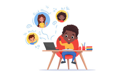 Online Classroom Learning or education. E-learning and social distance concept. Afro-american black boy sits at table and looks at teacher and classmates on screen. Vector flat cartoon illustration