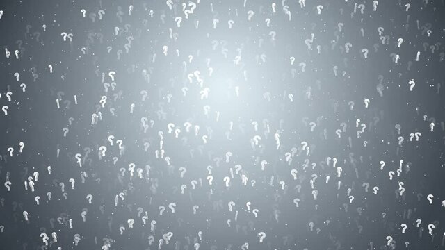 Many Question Marks Loop Silver and White symbols rotating and moving randomly over a bright Dark Loop Background Animation. Decisions. Ask, Asking, Essentials, Doubts, puzzle, doubt, confusion.