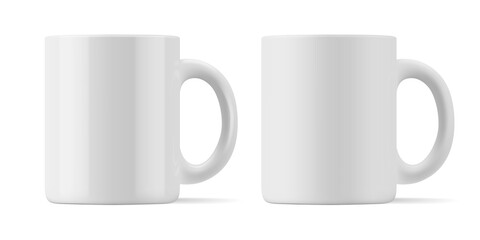 Vector realistic mockup of matte and glossy mug for drinks front view. White blank isolated cup. EPS 10