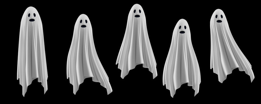 Ghost on a black background. An evil spirit with a covered sheet. Scary face Vector EPS 10 