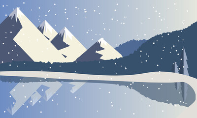 Mountain forest winter landscape near a reservoir near a lake in blue. Vector illustration. Winter mountain background.