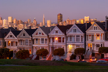 Victorian Houses at Night, Alamo Square, San Francisco