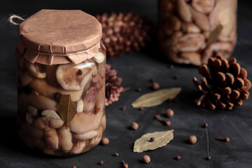 Marinated mushroom. Canned suillus in glass jar. Natural organic gourmet food appetizer with garlic, pepper, bay leaf and cloves. Dark mood closeup of tasty edible mushrooms