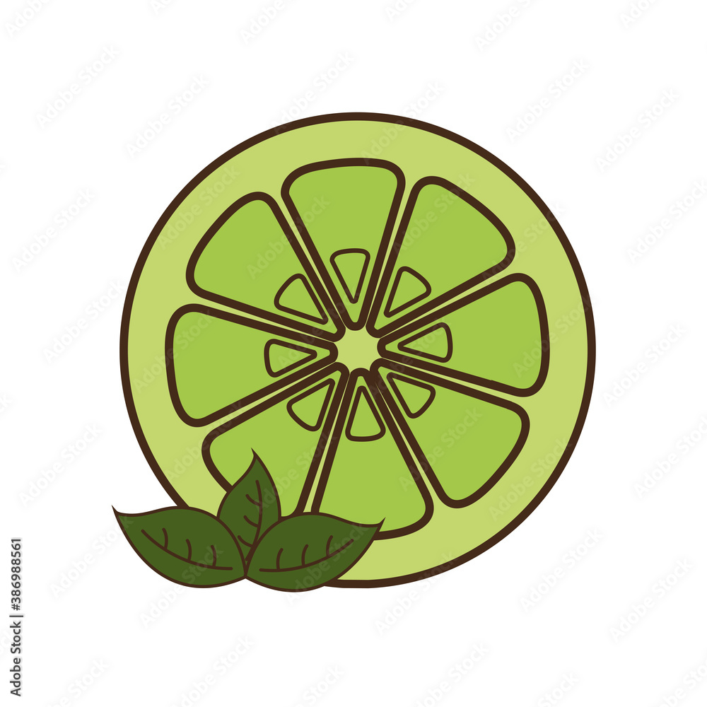 Sticker lemon with leaves fruit line and fill style icon vector design