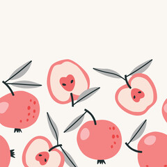 Half and whole pink apple background with grey leaves. Apple background elements on a beige background. Colorful background pattern for textile, fabric, paper. Vegan food pattern. 