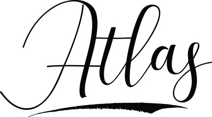 Atlas -Male Name Cursive Calligraphy on White Background
