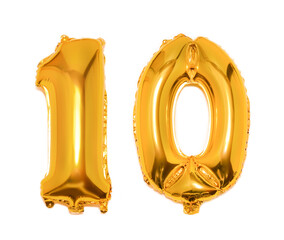 Golden number 10 ten made of inflatable balloon isolated on white background