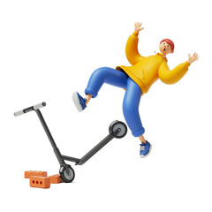 3d render, cartoon character young man wears yellow hoodie and blue trousers, falls from electric kick scooter. Modern urban transport crush, clip art isolated on white background
