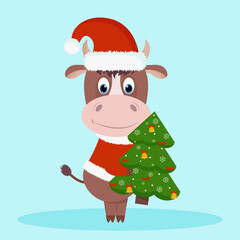 Cute and happy new year's character, bull 2021 in a new year's costume of Santa Claus with a Christmas tree. Vector illustration.