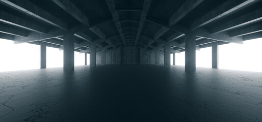 Spaceship Sci Fi Concrete Rough Cement Garage Tunnel Corridor Warehouse Showroom Underground Futuristic Modern Background 3D Rendering