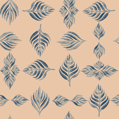 Fototapeta premium Watercolor geometric seamless pattern with blue leaves