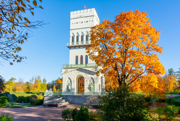 White tower in Alexander park in autumn, Pushkin (Tsarskoe Selo), Saint Petersburg, Russia