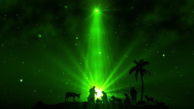 Christmas Scene with twinkling stars and brighter star of Bethlehem with sparkling nativity characters. Seamless Loop with Nativity Christmas story with twinkling stars and moving wispy clouds. 4k