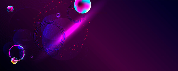 Dark retro futuristic art neon abstraction background cosmos new art 3d starry sky glowing galaxy and planets blue circles