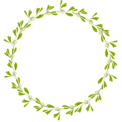 Round frame from green plants. White mistletoe leaves and berries wreath. Digital realistic illustration. Hand drawn digital round frame for invitations, postcards, greeting cards, logos and more