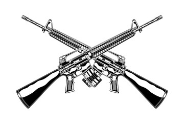 Monochrome detailed illustration of crossed m 16 assault rifle. Isolated vector template