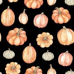 Watercolor seamless pattern - Autumn harvest. Pumpkin farm background. Perfect for seasonal advertisement, fabric, wrapping paper, textile
