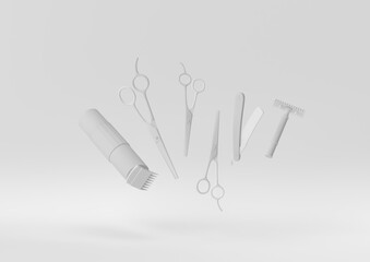 Creative minimal paper idea. Concept white barber shop equipment with white background. 3d render, 3d illustration.