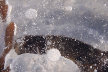 Frozen air bubbles in the ice on a frozen ditch.