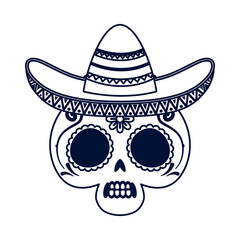 traditional mexican skull head with maricahi hat line style icon