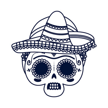 traditional mexican woman skull head with mariachi hat line style icon