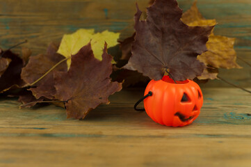A plastic orange pumpkin with a dry maple leaves. Beautiful background with place for text for Halloween.