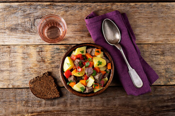 Beef potato carrot stew in the bowl