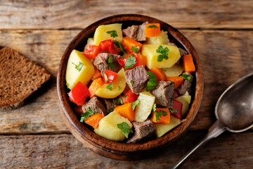Beef potato carrot stew in the bowl