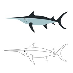 Cute sea fish sword isolated on white background. Marine animals in outline and flat style. Cartoon wildlife for web pages.
Stock vector illustration for decor and design, textiles, books, magazines