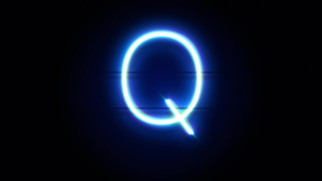 Neon font letter Q uppercase appear in center and disappear after some time. Animated blue neon alphabet symbol on black background. Looped animation.