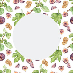 Fig fruits. Hand drawn watercolor illustration. Nature, natural product. Seamless pattern, frame, set. Print, textiles. Garden, agriculture.