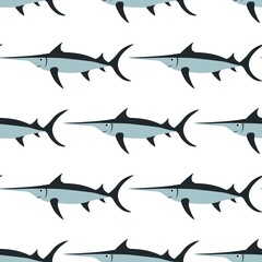 Fototapeta premium Cute seamless pattern with marine swordfish on a white background. Marine reptiles in a flat style. Cartoon wildlife for web pages. Stock vector illustration for decor and design, textiles, wallpaper