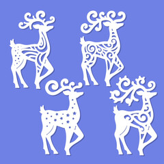 Set of templates for laser cutting Christmas deer. The symbol of the new year. Vector