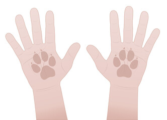 Slap hands, dog. Give me five symbol with human hands and dogs paw prints. Vector comic illustration on white background.
