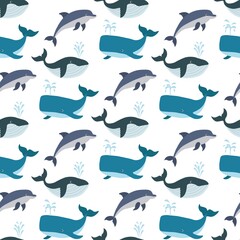Cute seamless pattern with whale, dolphin, sperm whale on a white background. Sea animals in a flat style. Cartoon wildlife for web pages.
Stock vector illustration for decor and design, textiles