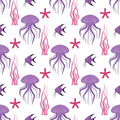 Naklejka premium Cute seamless pattern with jellyfish, starfish, Moorish idol, seaweed on a white background. Sea animals in a flat style. Cartoon wildlife for web pages. Stock vector illustration for decor, design