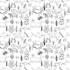 Wonderful seamless pattern with sea fish and seaweed in outline on a white background. Sea animals in a flat style. Cartoon wildlife for web pages.
Stock vector illustration for decor, design, textile