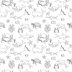 Beautiful seamless pattern with sea fish in outline on a white background. Sea animals in a flat style. Cartoon wildlife for web pages.
Stock vector illustration for decor, design, textiles,
wallpaper