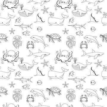 Beautiful seamless pattern with sea fish in outline on a white background. Sea animals in a flat style. Cartoon wildlife for web pages.
Stock vector illustration for decor, design, textiles,
wallpaper