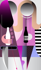 Fototapeta premium Two beautiful young women drink cola. Graphic illustration of modern art. Portrait of fashionable girls with cola bottles in their hands.
