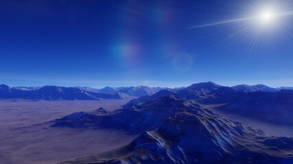 Fototapeta na wymiar Sci-fi magical landscape with rock valey, star and sun. Digital painting illustration 3d render