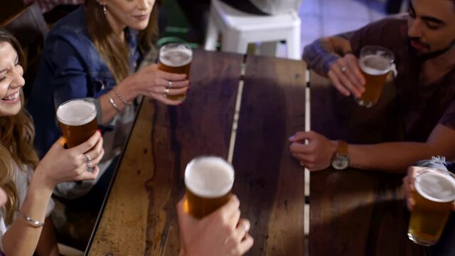 Happy group of friends, boys and girls celebrating in a bar making a toast and drinking beer.