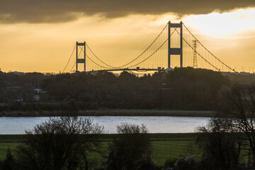 Fototapeta na wymiar Severn Crossing Suspension Bridge in morning light.