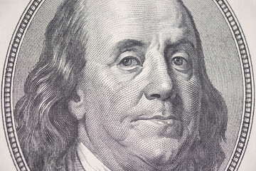 Benjamin Franklin, close up 100 US. Business 