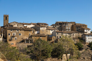 Fototapeta na wymiar Picturesque streets and skyline with medieval buildings, in the small town of Ores, in the Cinco Villas region, Aragon, Spain.